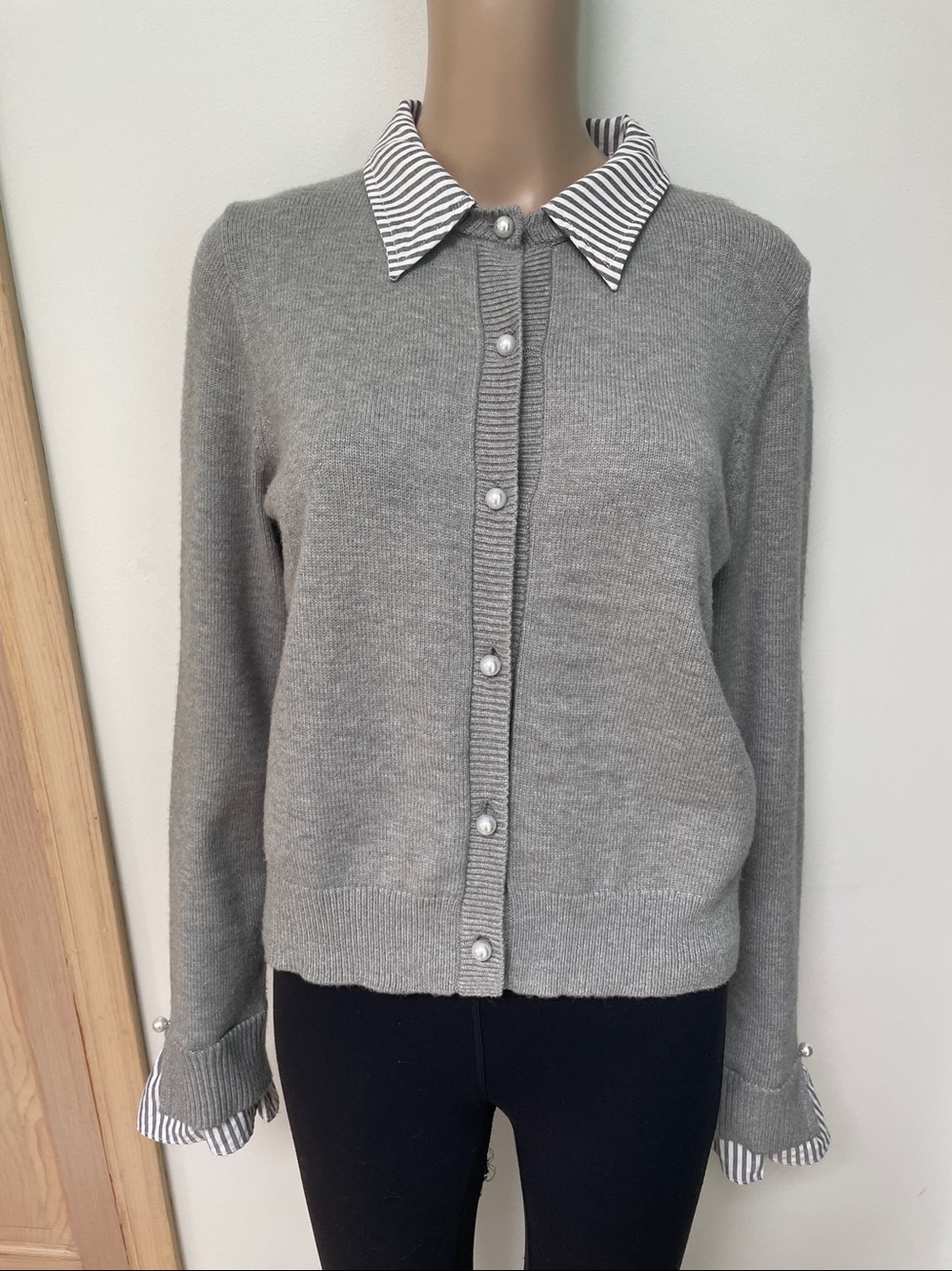 THML pearl button mixed media collared knit top gray